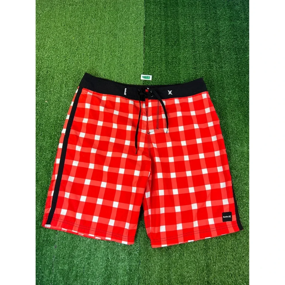 Hurley Mens Red White Gingham Board Shorts Size 36 MBO3CHK Surf Swim Trunks